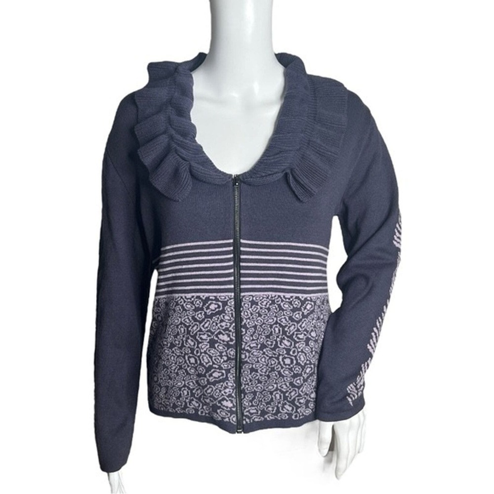 Skovhuus Sweater Womens Medium‎ Purple Knit Ruffle Zip Front Cardigan Feminine
